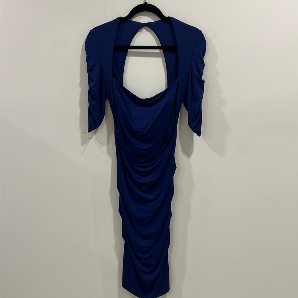 Nicole Miller Blue Ruched Backless Bodycon Dress